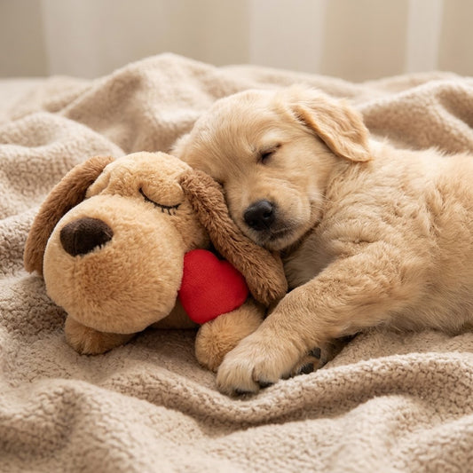 Cachorro dormido abrazado al Peluche Calma con latido de PawQuench