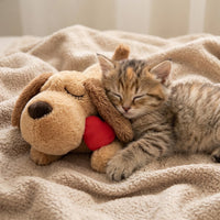 Gatito dormido abrazado al Peluche Calma con latido