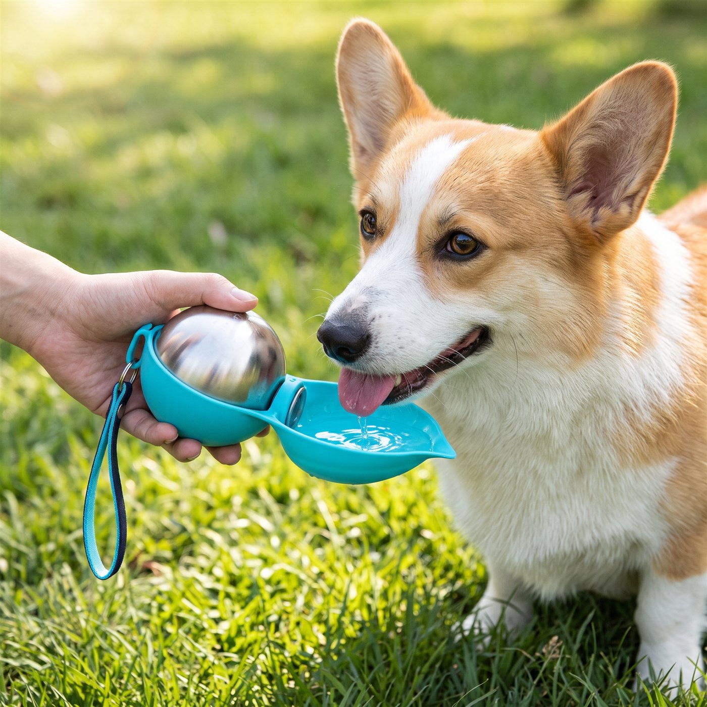 Corgi bebiendo de la botella de acero con bebedero de silicona de PawQuench